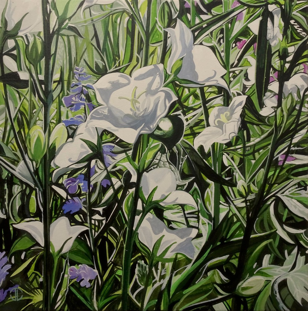 Impressionistic Botanical Acrylic Painting By Joseph Lynch, 20 X 20, Bright Bells In The Summer Border, Original Artwork