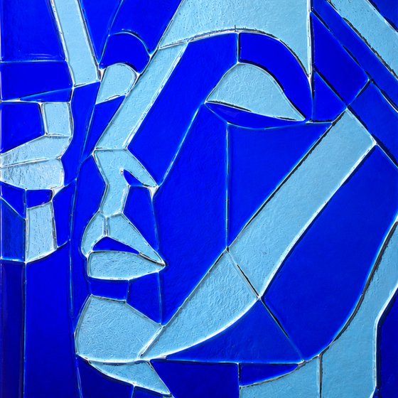 Blue Lovers, Fused Glass Portrait