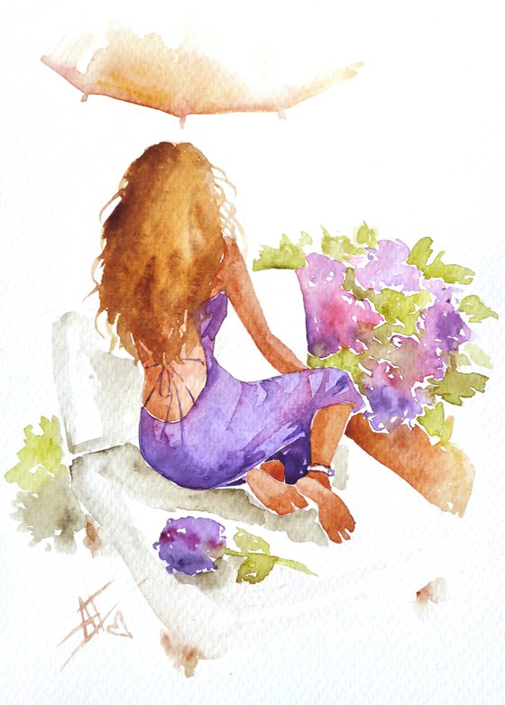 Girl with flowers, hydrangea, summer dress and happiness. Fashion illustration