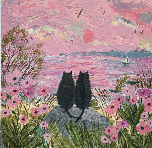 Seaside cats with poppies by Mary Stubberfield