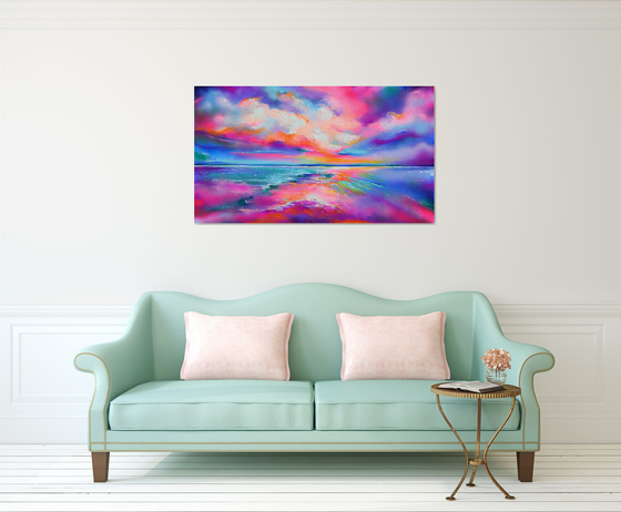 New Horizon 170 - 140x80 cm, Colourful Seascape, Sunset Painting, Impressionistic Colorful Painting, Large Modern Ready to Hang Abstract Landscape, Pink Sunset, Sunrise, Ocean Shore