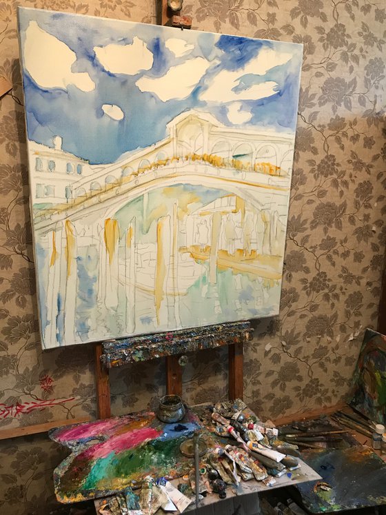VENICE, RIALTO BRIDGE - Venice cityscape, landscape  - original painting, oil on canvas, architecture, bridge, water, love, vacations , interior home decor