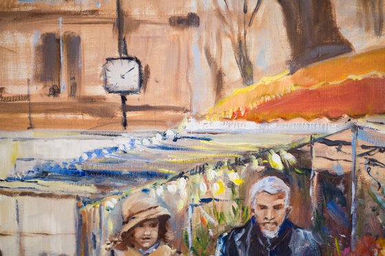 Market in Montmartre. Parisian series. Original oil painting. City landscape street view typical scene. Medium size painting