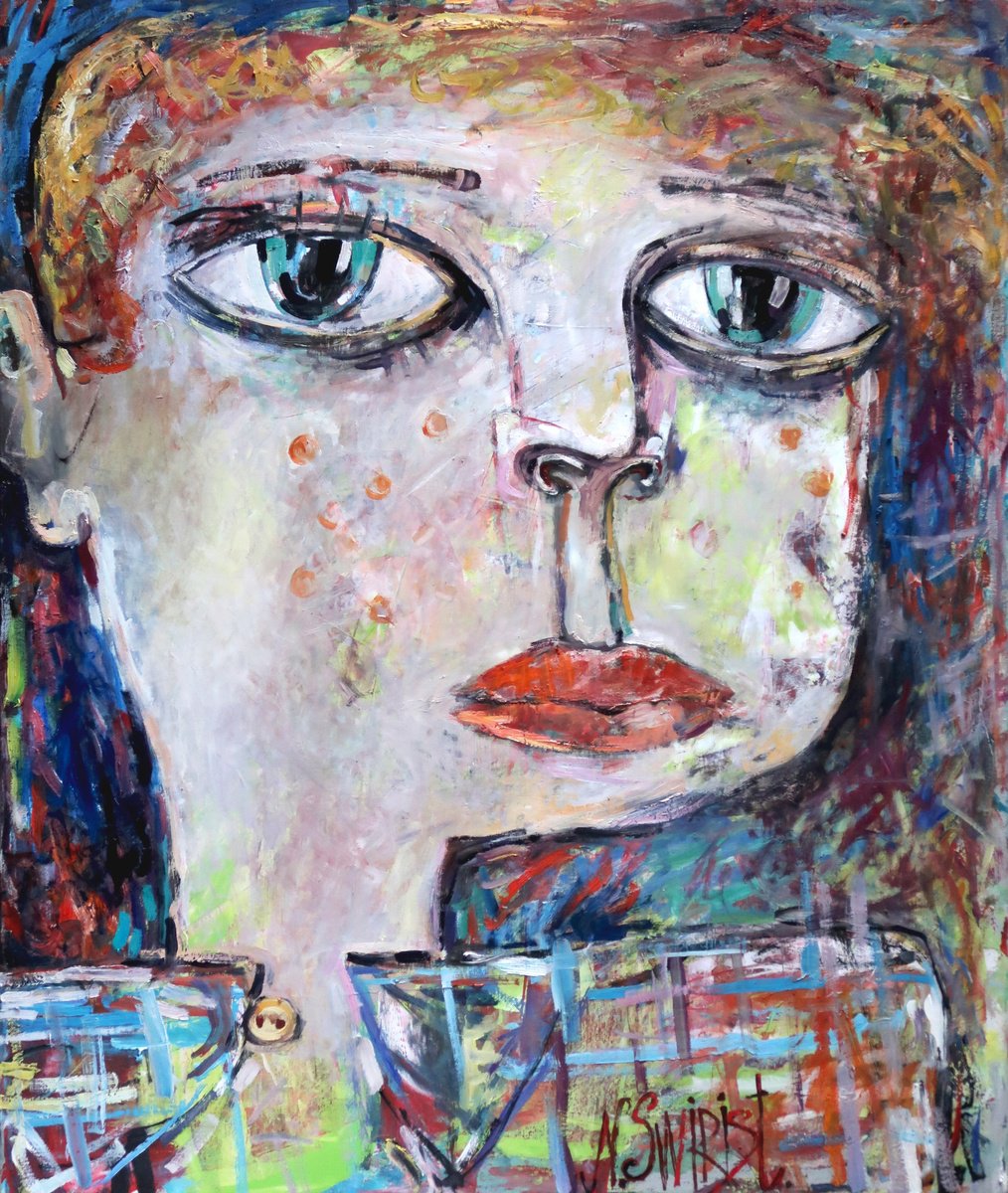 Expressive Portrait Oil Painting By Nikifor Swiristuhin, 31 X 37", "Boy", Original Artwork