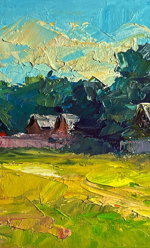 A Red Cow near the Houses by Boris Serdyuk
