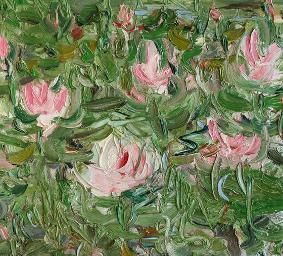 LOTUS POND - Floral art, original oil painting, water lily landscape, green rose calm coloured, lotus flower, waterlilies, impressionism, expressive