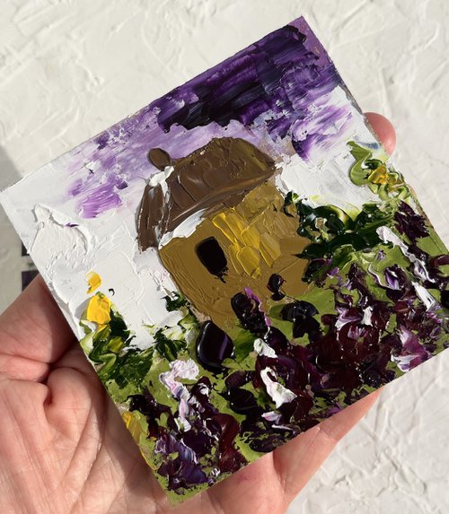 Tuscany. Tiny Cottage in lavender field. Original oil impasto painting by Halyna Kirichenko