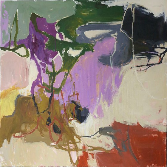 "In the garden" Abstract violet green oil art