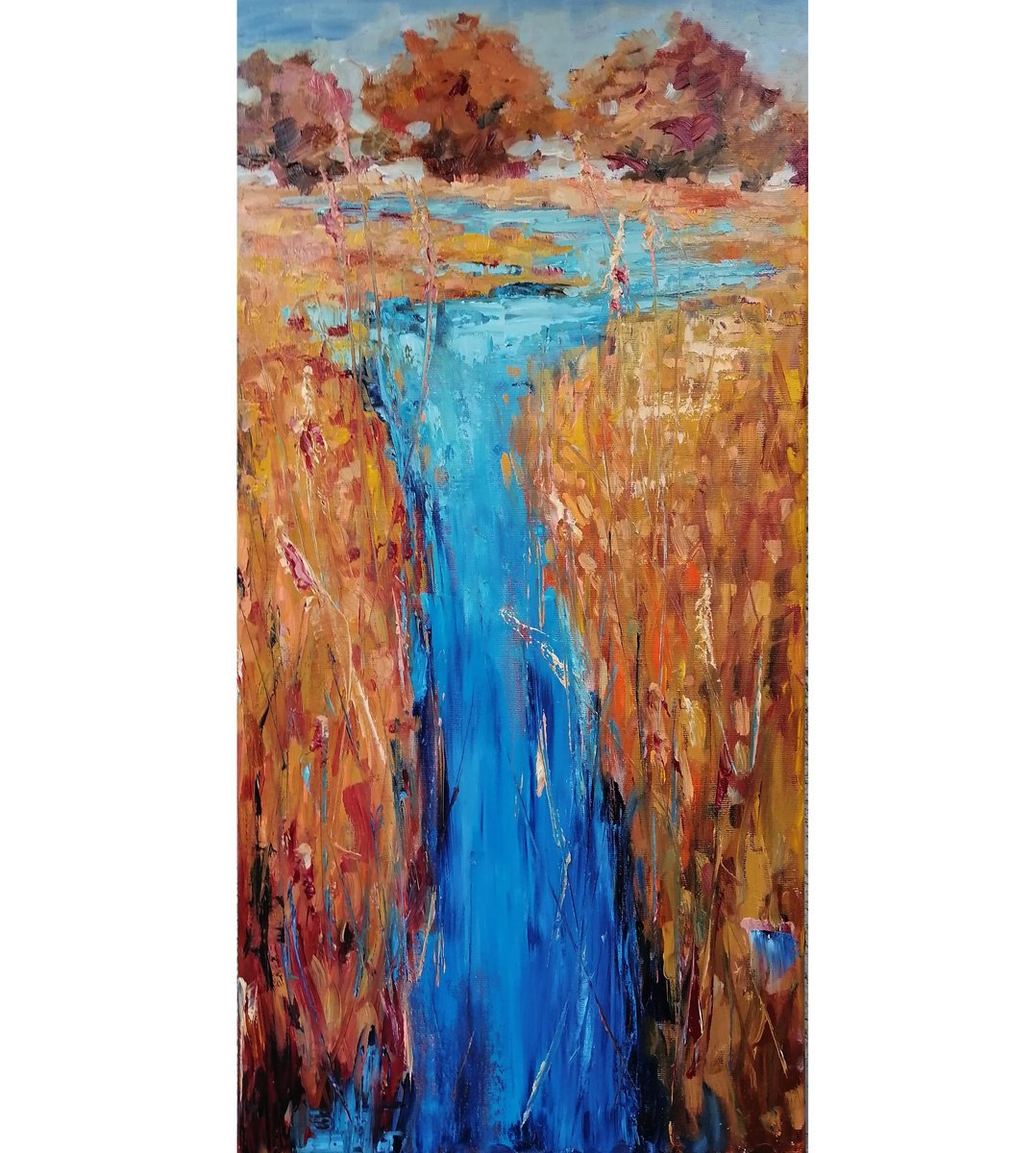 Expressive Landscape Oil Painting By Emilia Milcheva, 12 X 24, Blue Ribbon, Original Artwork