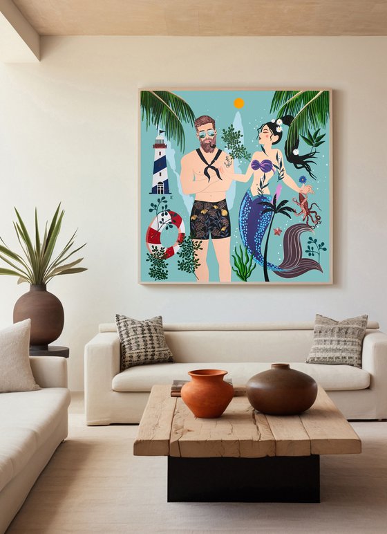 The Sailor and the Mermaid - Lighthouse - Art-Deco - Summer - XLarge painting