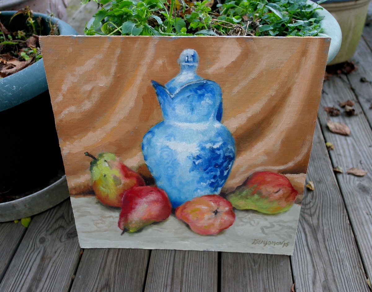 Impressionistic Still Life Oil Painting By Juri Semjonov, 12 X 12", Pears And Jug, Original Artwork