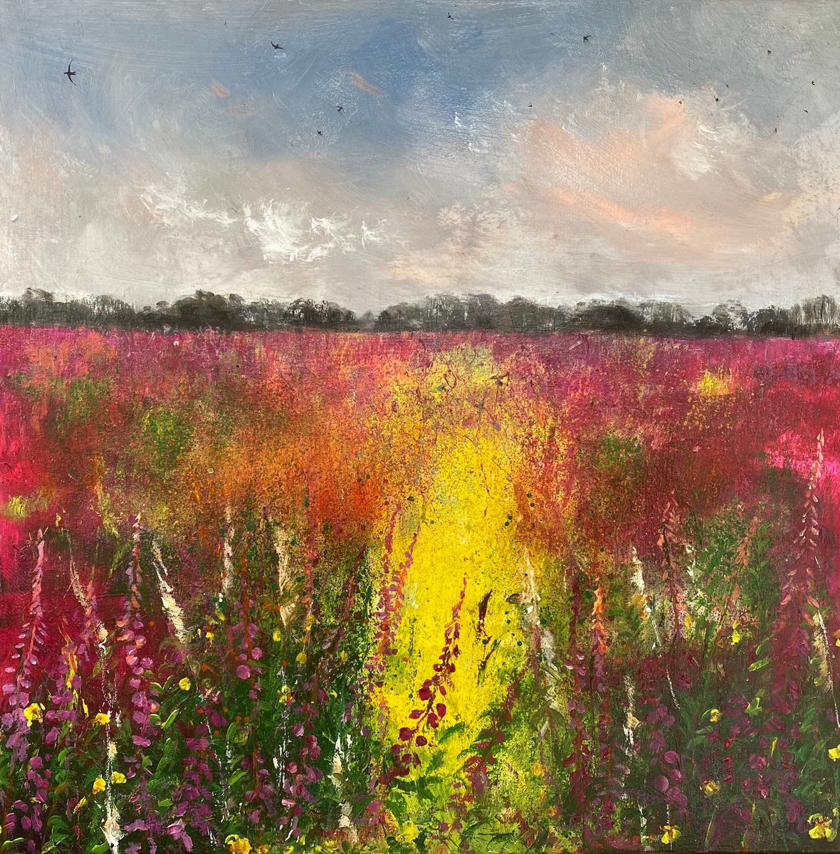 Rosebay Willowherb Field with swallows by Teresa Tanner