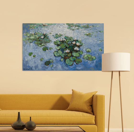 White Water Lilies - Large Original Oil painting 120 x 70 cm