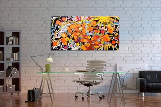 Cityscape from orage tree garden- original acrylic painting- large size (100x 50 x 4 cm ) (39' x 20')