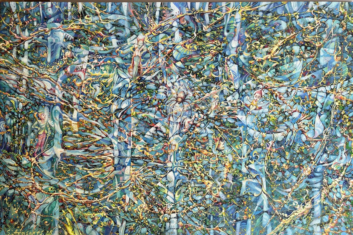 Expressive Abstract Oil Painting By Samvel Atasunc, 35 X 24", Mystic Forest Maze, Original Artwork