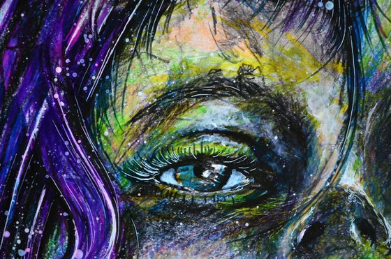 Lavender Girl - Mixed Media Drawing Modern New Contemporary Art Portrait