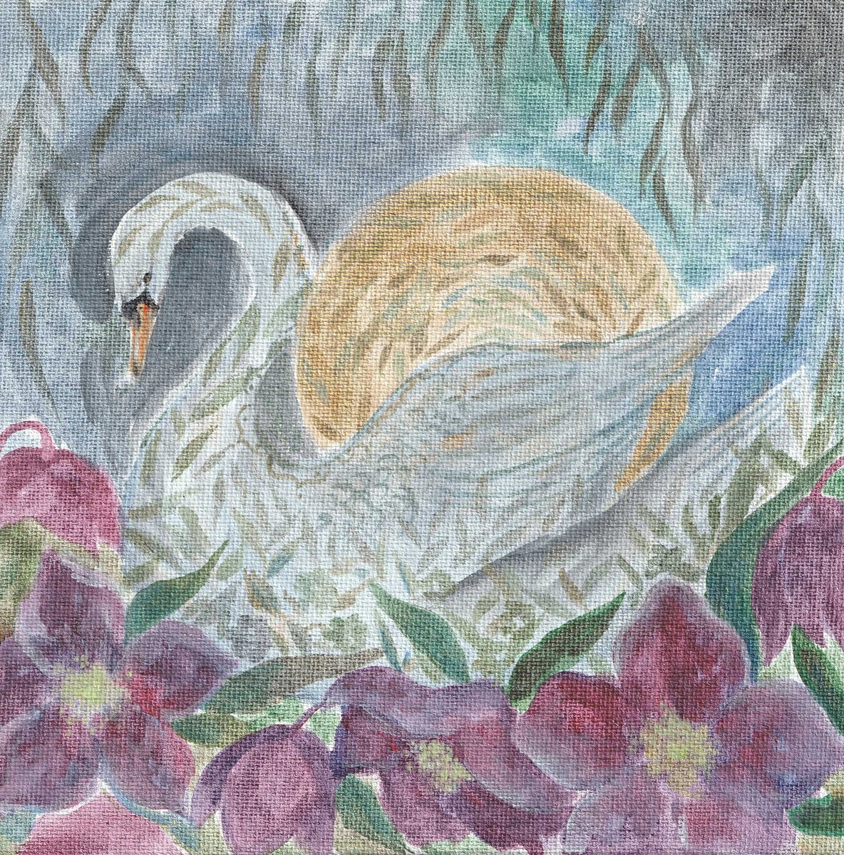 Organic Animal Acrylic Painting By Victoria Lucy Williams, 8 X 8", Swan In The Willows, Original Artwork