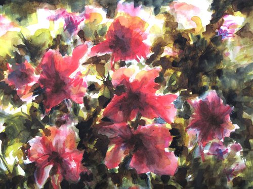 Red flowers - floral watercolor - small size 31X41cm by Fabienne Monestier