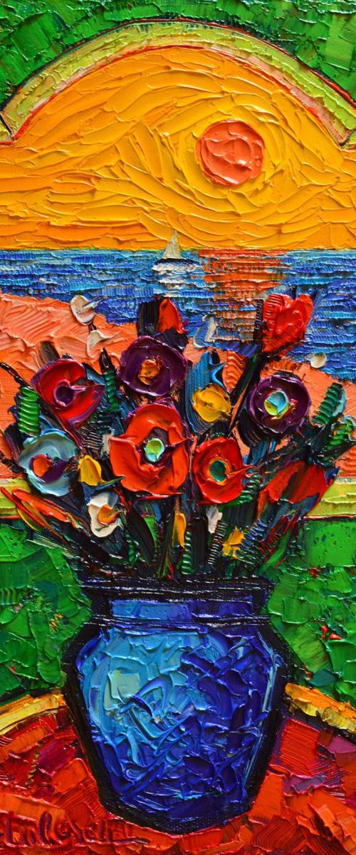 WILDFLOWERS AT WINDOW BY THE SEA - abstract modern impressionistic floral original palette knife oil painting by ANA MARIA EDULESCU