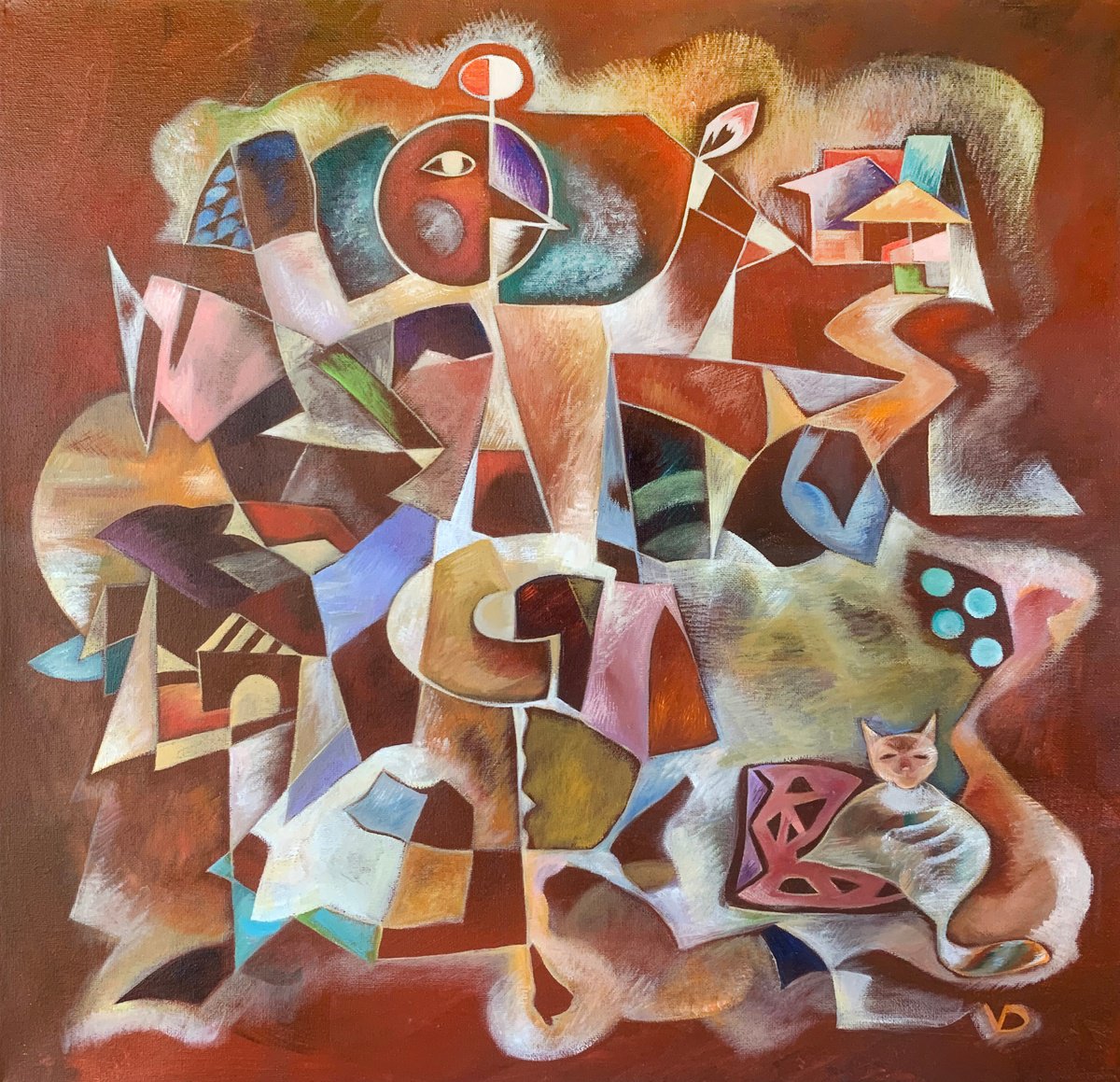Geometric Abstract Oil Painting By Dina Volkova, 20 X 20, A Cats Life, Original Artwork