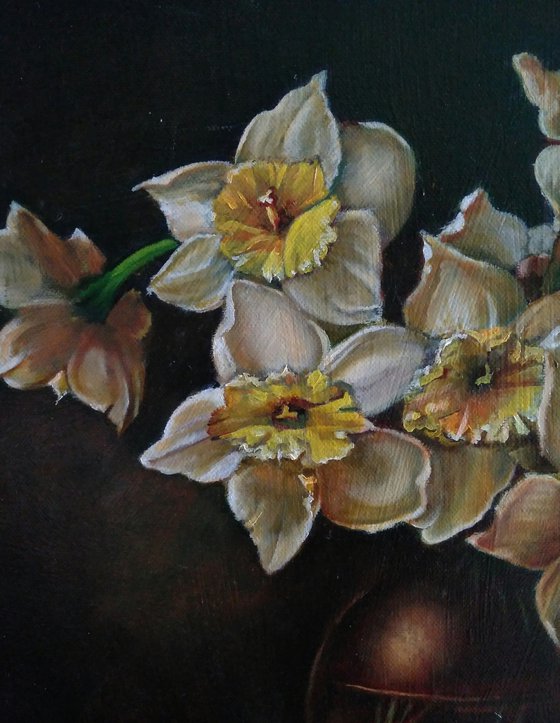 Bouquet of daffodils on a dark background, 40x40 cm, ready to hang.