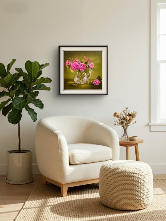 Pink Roses in Glass Vase