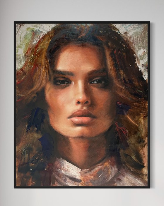 A closer gaze, XL oil painting of a strong portrait brunette fierce model