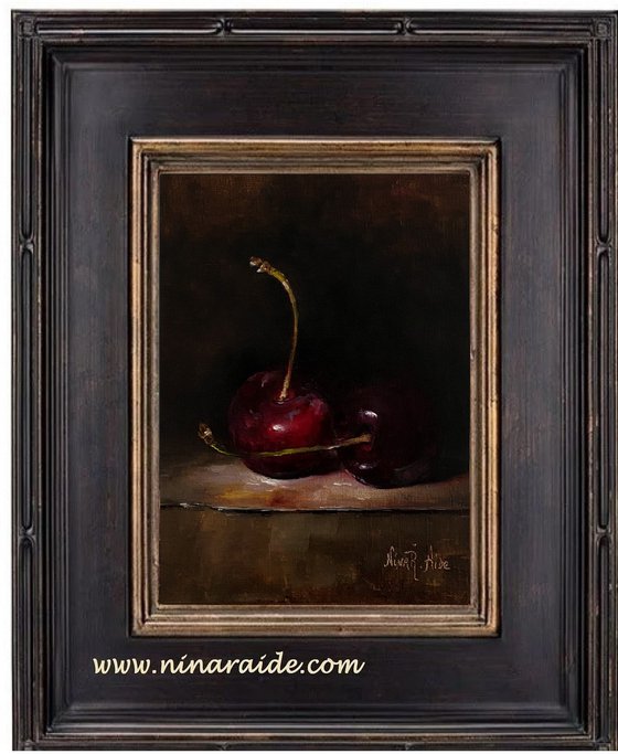 Red Cherries Original Oil Painting Still Life Chiaroscuro Fruit