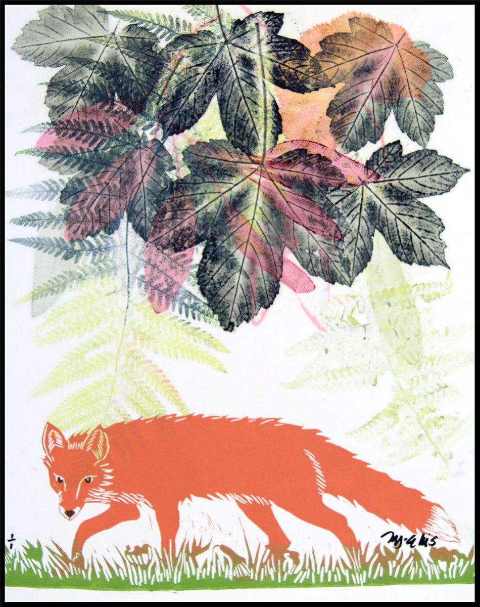 Fox in the Forest, linocut with mixed media by Mariann Johansen-Ellis