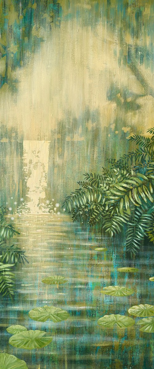 Waterfall Among Green Ferns by Ekaterina Prisich