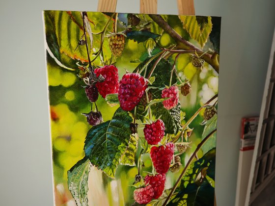 Raspberries. Hyper Realistic Garden Scene