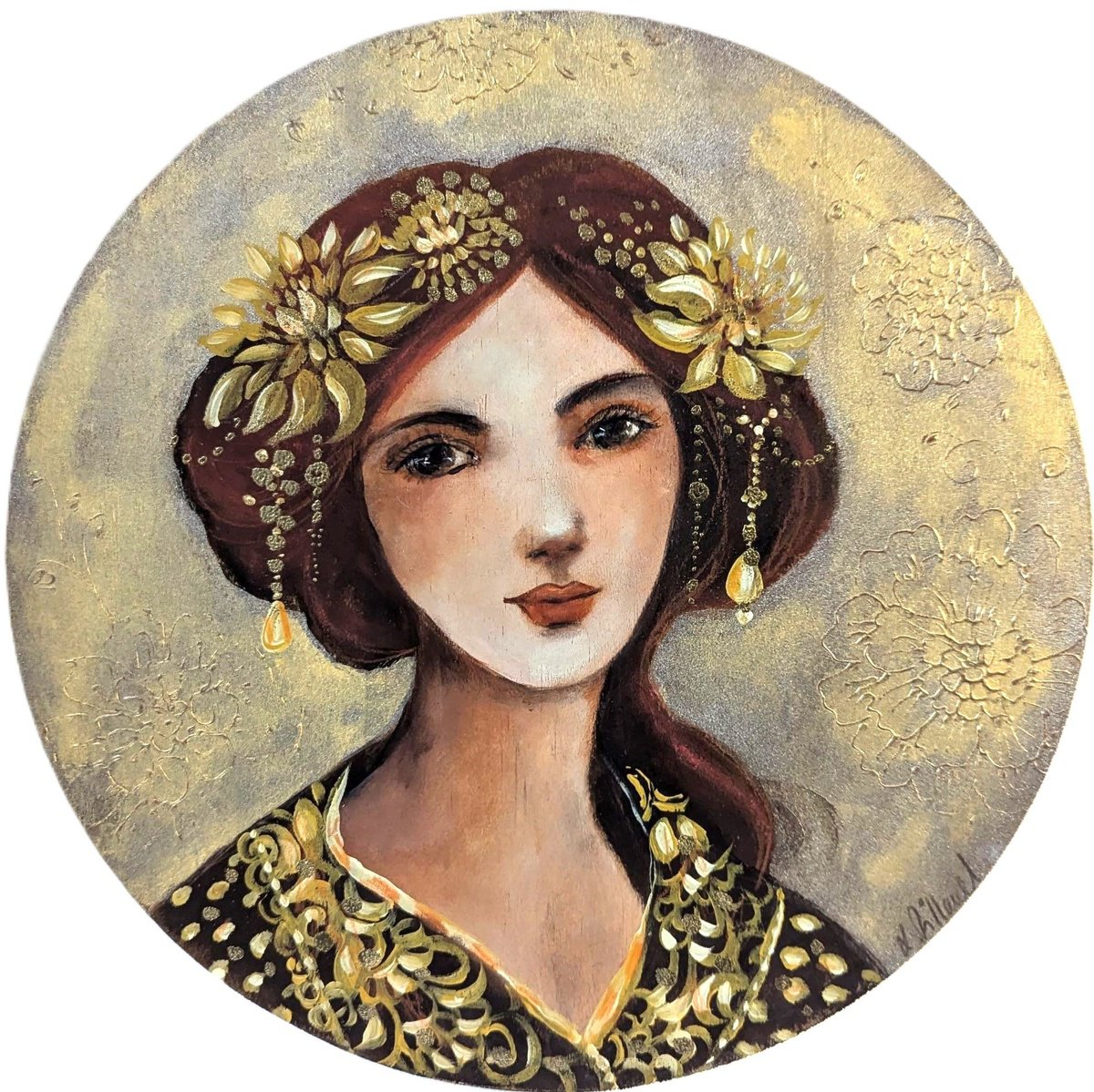 Illustrative Portrait Acrylic Painting By Loetitia Pillault, 12 X 12", Lucie In Autumn., Original Artwork