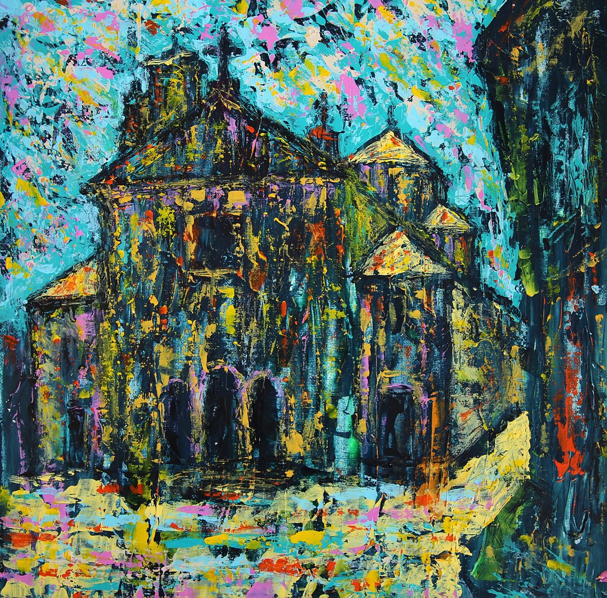 Impressionistic Cityscapes Acrylic Painting By Denys Kuvaiev, 18 X 18, Church Of San Pablo (Iglesia De San Pablo) In Salamanca Spain, Artfinder