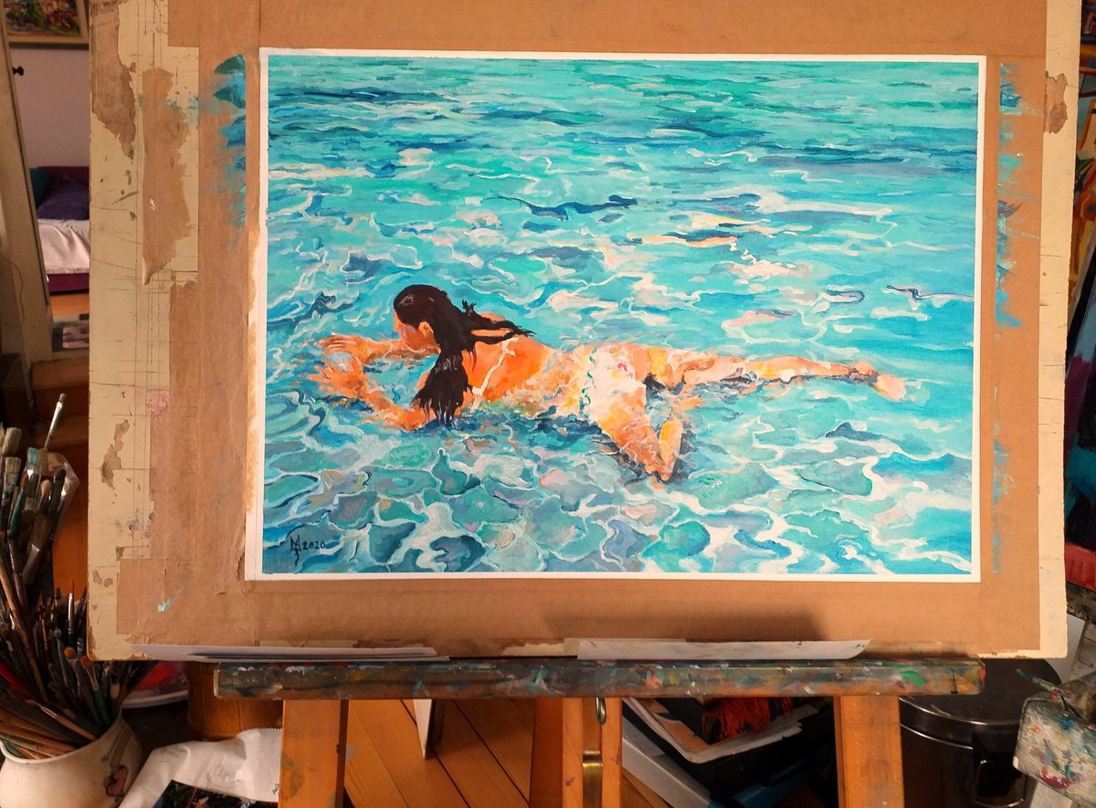 Impressionistic Landscape Acrylic Painting By Zoran Mihajlovic Muza, 19 X 14", Swimming, Original Artwork