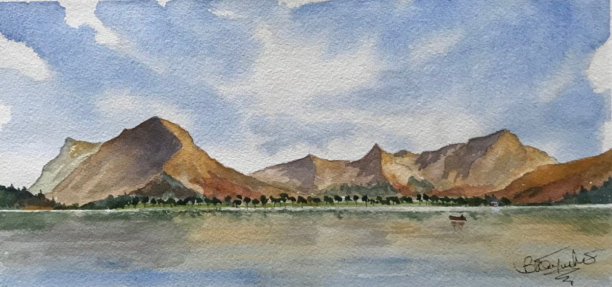 Impressionistic Landscape Watercolour By Brian Tucker, 11 X 5, Boating On Lake Buttermere, Original Artwork