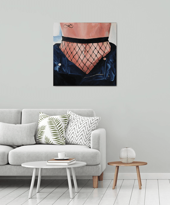 CAGE - painting on canvas woman body nude tights blue jeans freedom infinity home interior office art feminism erotic art