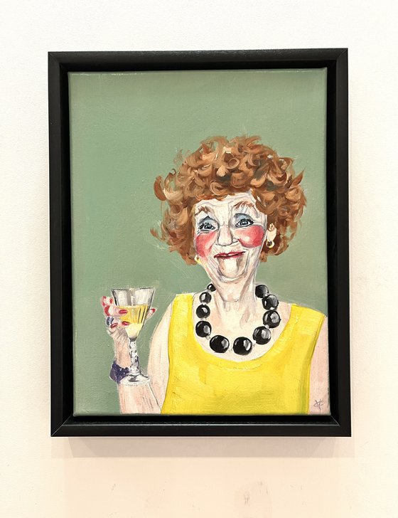 An oil painting of Edna called 'Cheers to the Good Times'