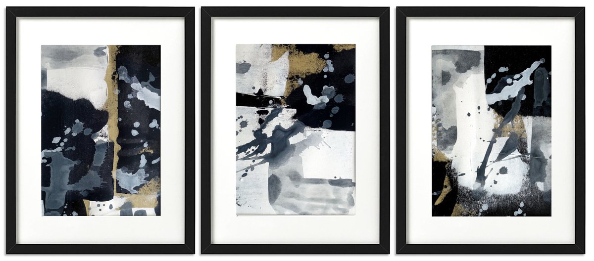 Abstraction No. 7520-8-10 black & white - set of 3 - ready to hang by Anita Kaufmann