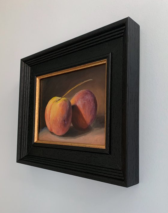 Peaches oil painting classic still life  framed ready to hang.