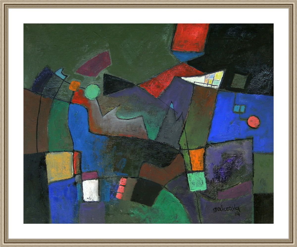 Nighttime, dark colors of the night, red blue black and grays, geometric abstract art by Constantin Galceava
