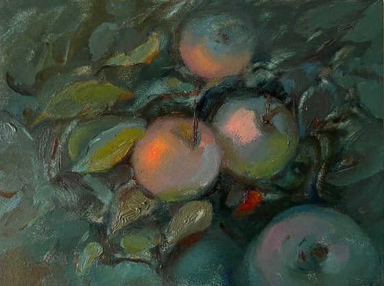 Apples on a tree brunch original miniature oil painting