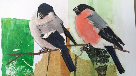 The little bird said... - bullfinch and sparrow painting