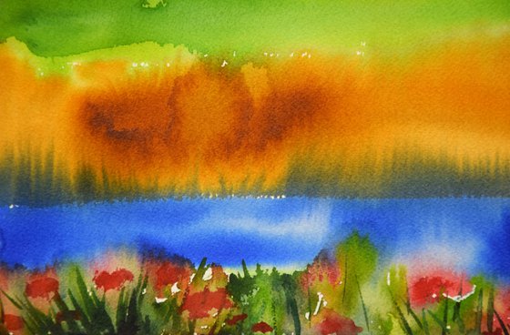 Landscape Watercolor Painting, Abstract Field Original Wall Art, Austrian Countryside Artwork
