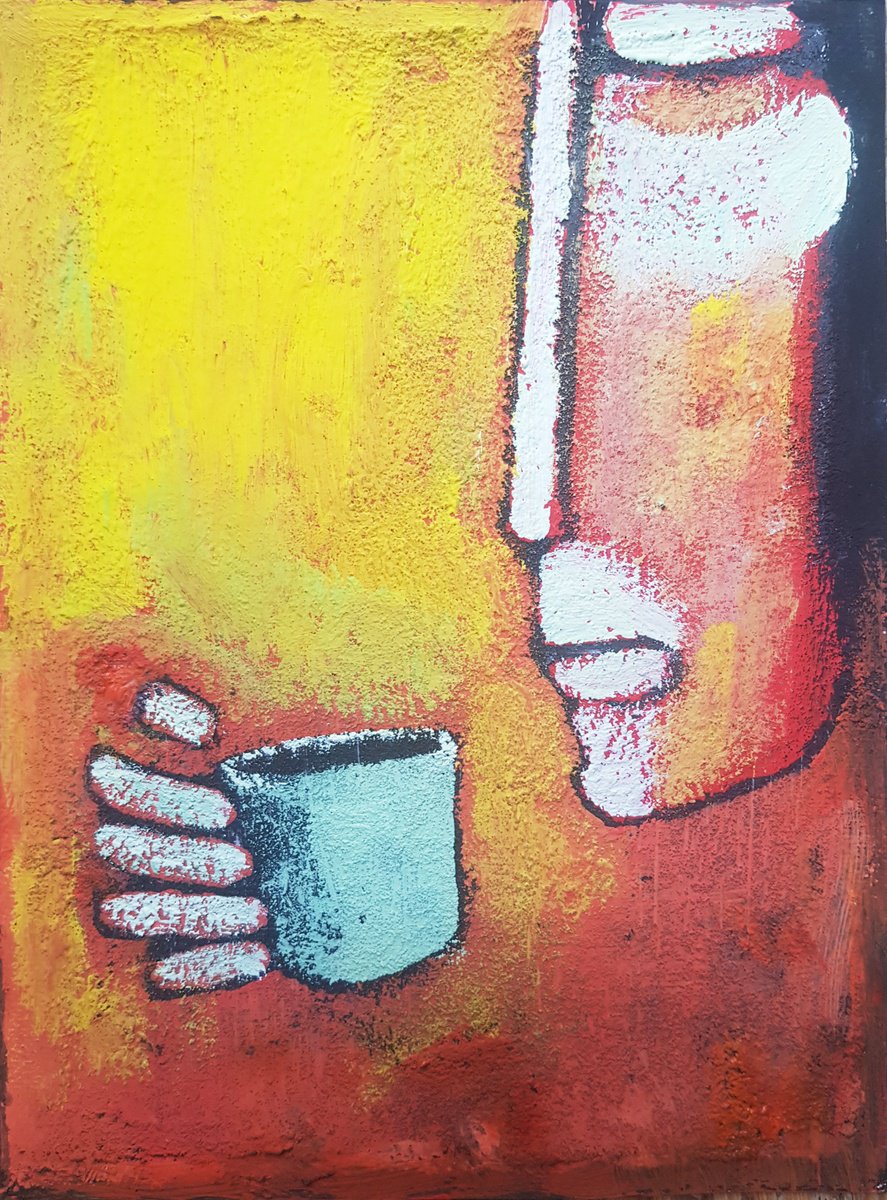 Naive Abstract Painting By Zhana Viel, 9 X 12", Cup Of Thoughts, Original Artwork
