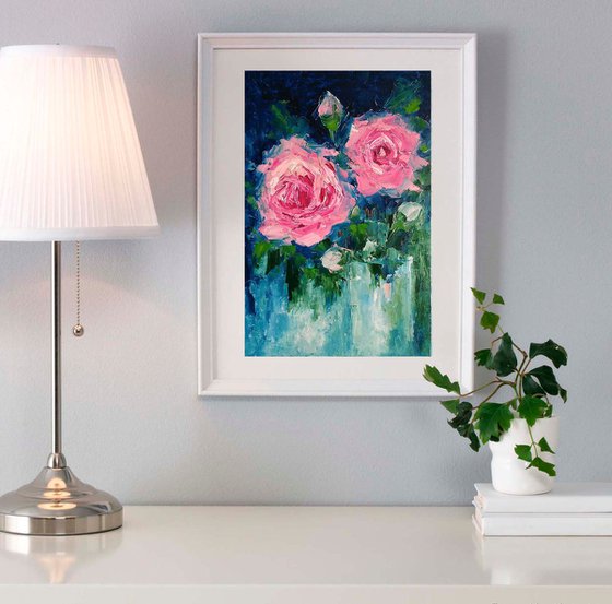 Pink Roses Painting Original Art Floral Artwork Flower Bouquet Wall Art