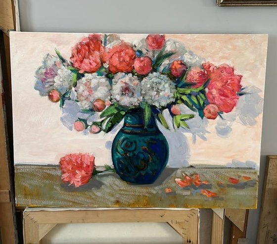 Peonies in Emerald Vase