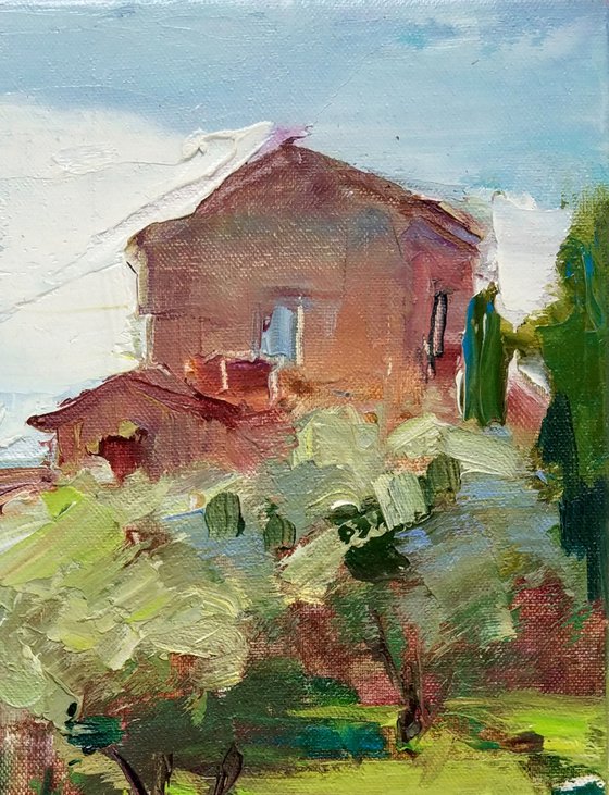 Roman Holiday Series. View of the Italian courtyard  Original plein air oil painting .