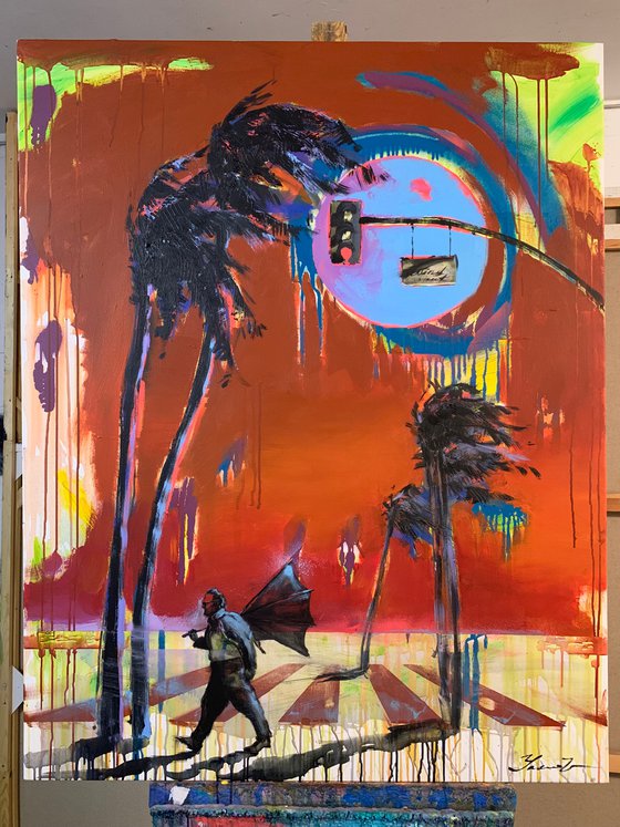 Big painting - "Against the wind" - Palms - Sunset - Urban - 2022