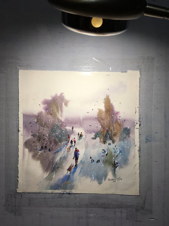 Watercolor “Winter childhood games” perfect gift