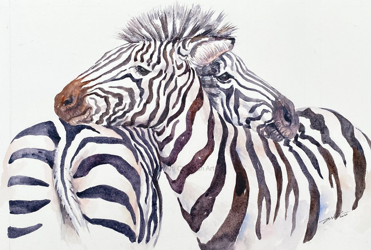 Impressionistic Animal Watercolour By Arti Chauhan, 19 X 13, Snuggle Time_Zebras, Original Artwork